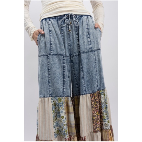Bluevelvet Chambray Cotton Floral Plaid Print Wide leg Pants - Picture 5 of 7